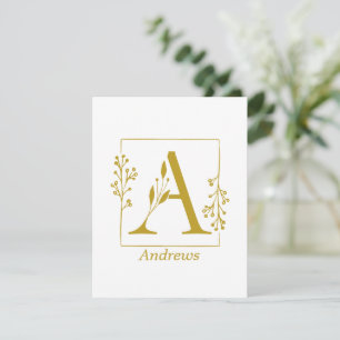 Moderne Gold Botanical Letter A op maat Notitiekaartje