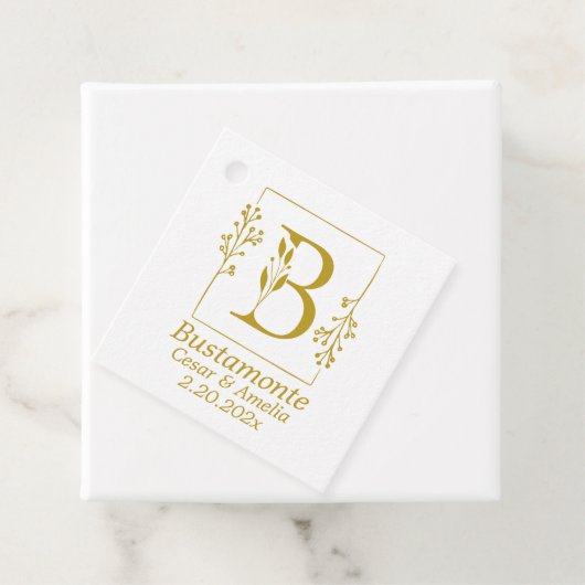 Moderne Gold Botanical Letter B Bedankjes Labels (In situ)