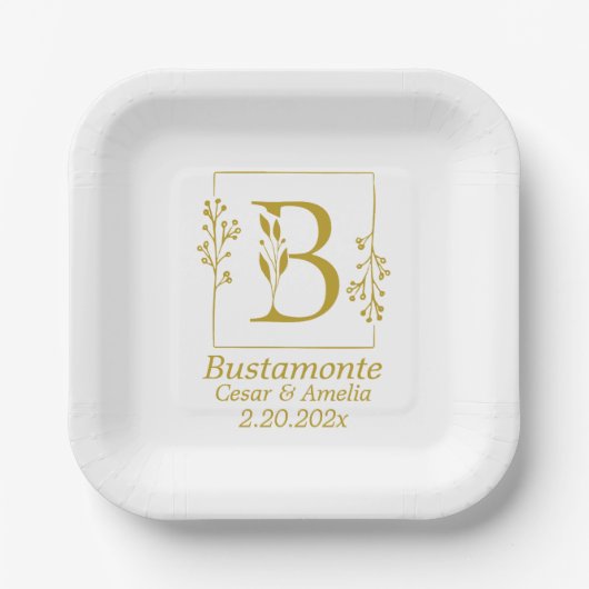 Moderne Gold Botanical Letter B Papieren Bordje (Voorkant)