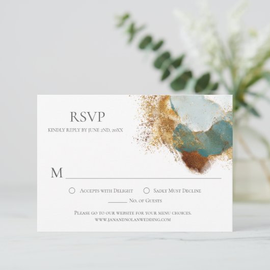 Moderne Gold Bronze Blauwgroen Waterverf was RSVP (Staand voorkant)