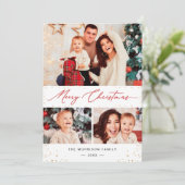 Moderne Gold Confetti Merry Kerstmis 3 Foto Feestdagenkaart (Staand voorkant)