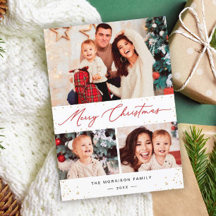 Moderne Gold Confetti Merry Kerstmis 3 Foto Feestdagenkaart