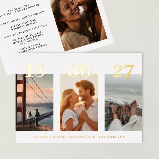 Moderne GOLD DATE FOUR Foto Bewaar de datum Folie Uitnodiging