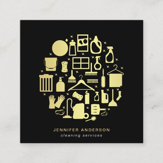 Moderne Gold- en zwarte reinigingsservices Vierkante Visitekaartje (Voorkant)