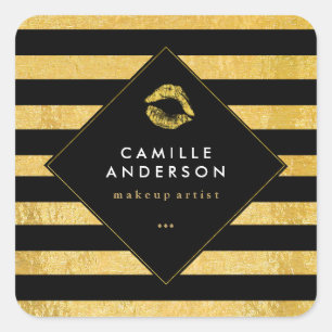 Moderne Gold- en zwarte strepen met Faux Gold Lips Vierkante Sticker