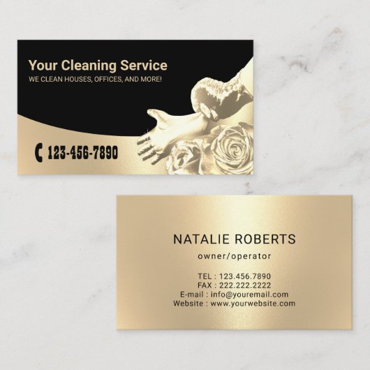 Moderne Gold Floral House Keeping Cleaning Service Visitekaartje (Voorkant / Achterkant)