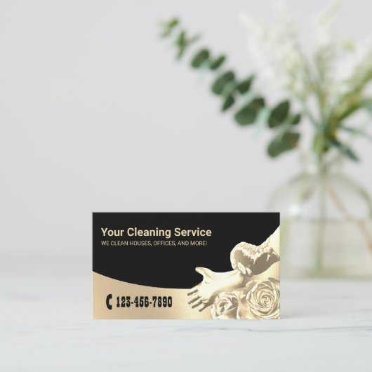 Moderne Gold Floral House Keeping Cleaning Service Visitekaartje (Staand voorkant)