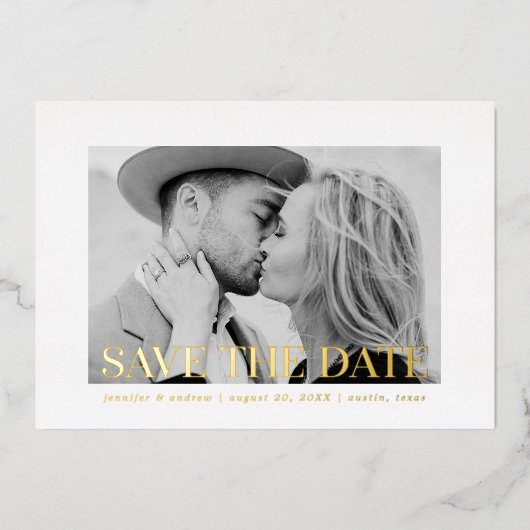 Moderne Gold Foil bedekking Foto Save the Date Folie Uitnodiging (Voorkant)
