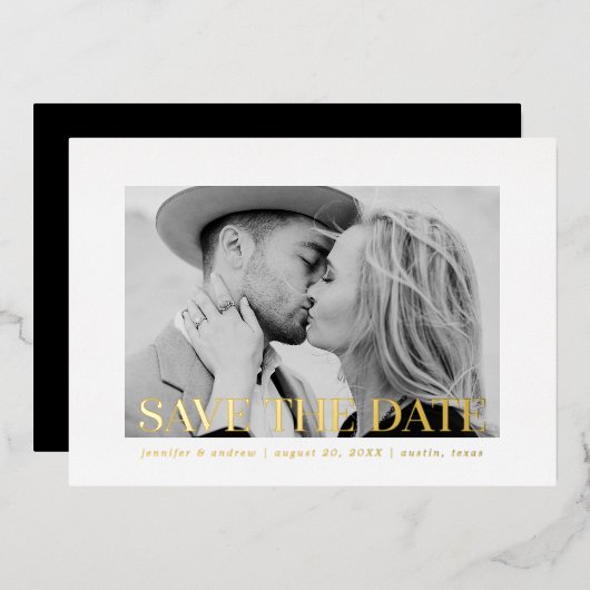 Moderne Gold Foil bedekking Foto Save the Date Folie Uitnodiging (Voorkant / Achterkant)
