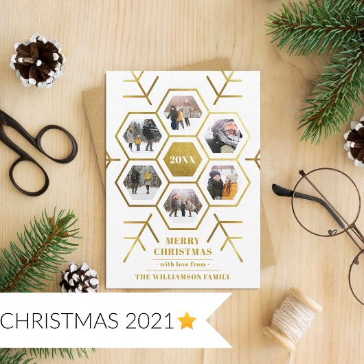 Moderne Gold Foil Snowflake 6 FotokerstKaart Kaart