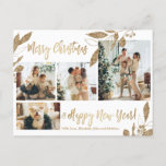 Moderne Gold Foliage 4 Foto Collage Kerstmis Briefkaart<br><div class="desc">Elegant, modern goud en witte botanische bladeren 4 Foto Collage Merry kerstvakanay Briefkaart. Deze festieve, imimalistische, grillige sjabloon met vier (4) fotovakantiedagen is voorzien van een fotocollage, faux gouden olievleisteen, botanische bladeren, winterbessen en zegt "Vrolijk Kerstfeest en Gelukkig Nieuwjaar"! De groettekst "Vrolijk Kerstmis en Gelukkig Nieuwjaar" is geschreven in een...</div>