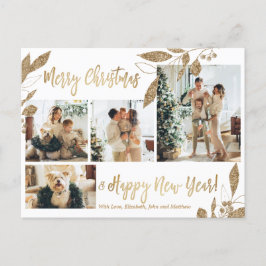 Moderne Gold Foliage 4 Foto Collage Kerstmis Briefkaart