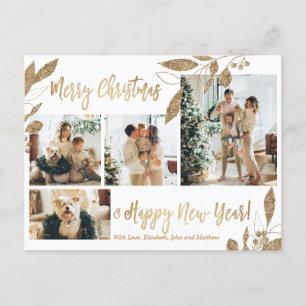 Moderne Gold Foliage 4 Foto Collage Kerstmis Briefkaart