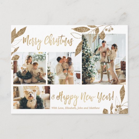Moderne Gold Foliage 4 Foto Collage Kerstmis Briefkaart (Voorkant)