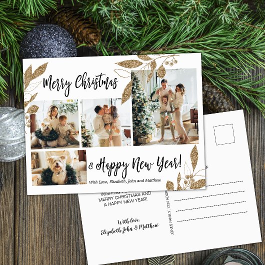 Moderne Gold Foliage 4 Foto Collage kerstpost Briefkaart