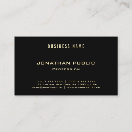 Moderne Gold Font-tekst Chic Elegant Black Plain T Visitekaartje (Voorkant)