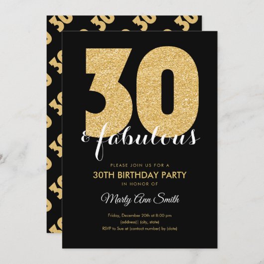 Moderne Gold Glitter 30 & Fabulous Birthday Party Kaart (Voorkant / Achterkant)