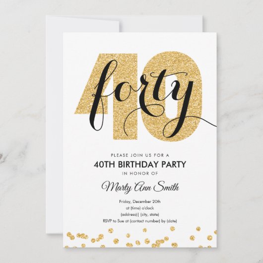Moderne Gold Glitter 40th Birthday Party Kaart (Voorkant)