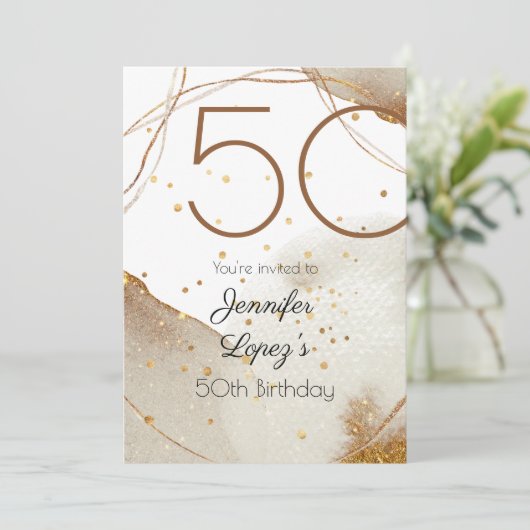 Moderne Gold Glitter 50th Birthday Party Kaart (Staand voorkant)