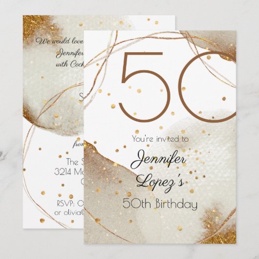 Moderne Gold Glitter 50th Birthday Party Kaart (Voorkant / Achterkant)