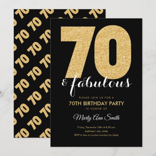 Moderne Gold Glitter 70 & Fabulous Birthday Party Kaart (Voorkant / Achterkant)