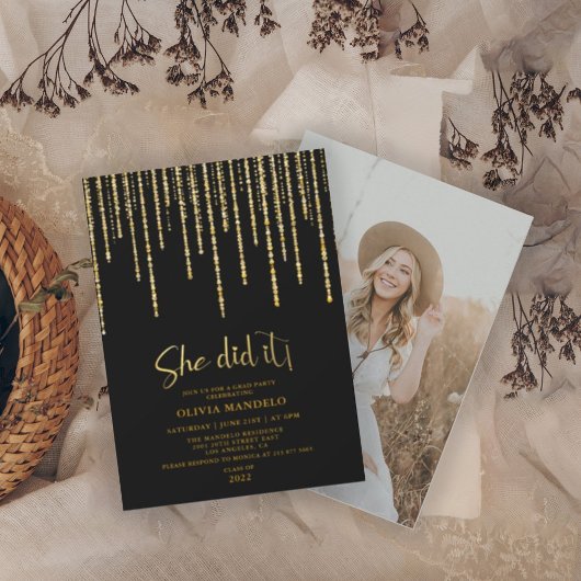 Moderne Gold Glitter Afstudeerder Party Photo Invi Kaart