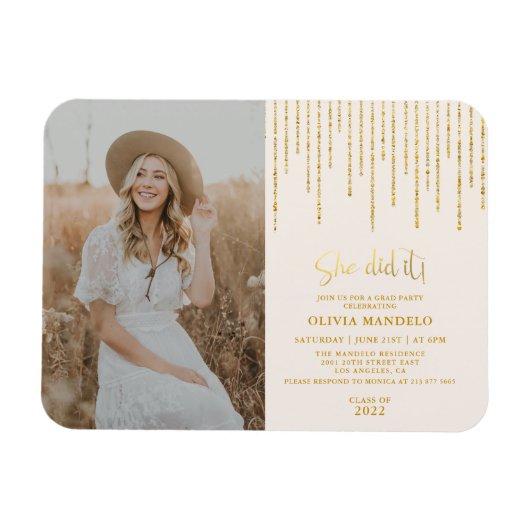 Moderne Gold Glitter Afstudeerder Party Photo Invi Magneet (Horizontaal)