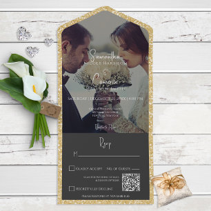 Moderne Gold Glitter Black Photo QR Code All In One Uitnodiging