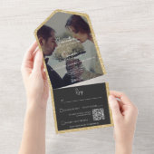 Moderne Gold Glitter Black Photo QR Code All In One Uitnodiging (Afscheurbaar)