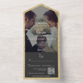 Moderne Gold Glitter Black Photo QR Code All In One Uitnodiging (Binnen)