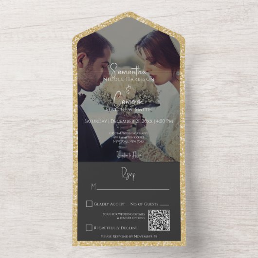 Moderne Gold Glitter Black Photo QR Code All In One Uitnodiging (Binnen)