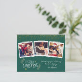 Moderne Gold Glitter Green Merry 3-foto's Feestdagenkaart (Staand voorkant)