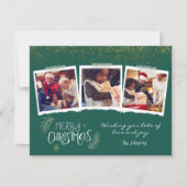 Moderne Gold Glitter Green Merry 3-foto's Feestdagenkaart (Voorkant)