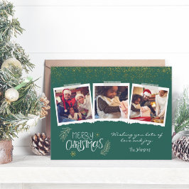 Moderne Gold Glitter Green Merry 3-foto's Feestdagenkaart