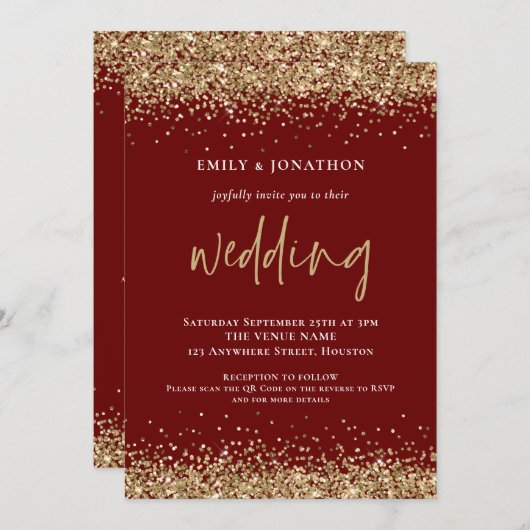 Moderne Gold Glitter QR Code Weddenschap Bourgogne Kaart (Voorkant / Achterkant)