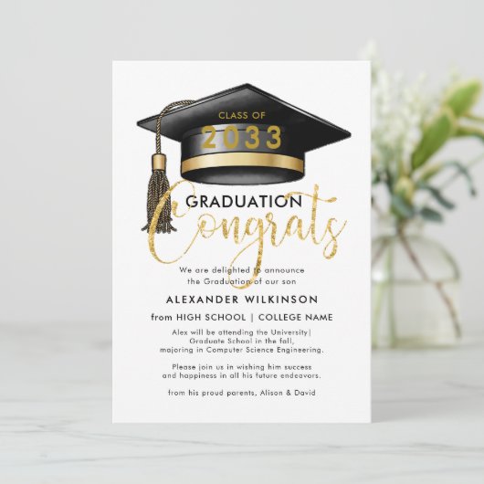 Moderne Gold Glitter Script Simple AFSTUDEERDER Pa Aankondiging (Staand voorkant)