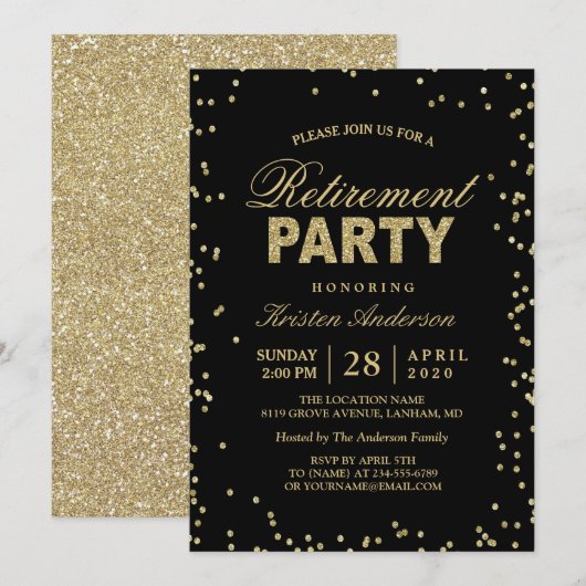 Moderne Gold Glitter Sparkles Retirement Party Kaart (Voorkant / Achterkant)
