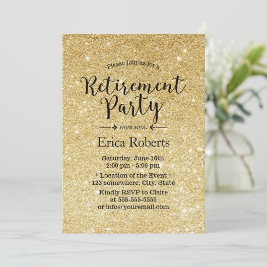 Moderne Gold Glitter Sparkles Retirement Party Kaart (Staand voorkant)