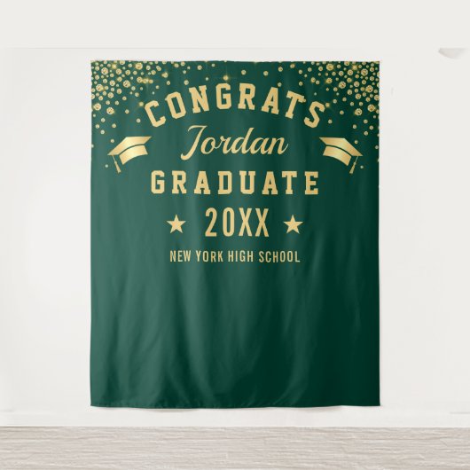 Moderne Gold Green Afstuderen Photo Booth Backdrop Wandkleed (Voorkant)