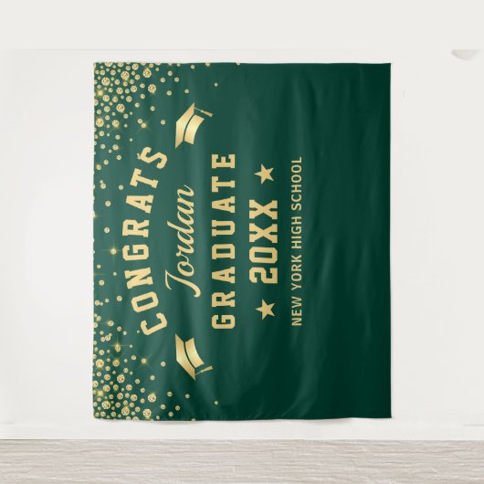 Moderne Gold Green Afstuderen Photo Booth Backdrop Wandkleed (Voorkant)