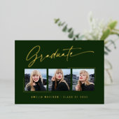 Moderne Gold Ink Script Emerald Afstudeerder-fotok Folie Uitnodiging (Staand Voorkant)