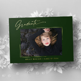 Moderne Gold Ink Script Emerald Photo Afstudeerder Folie Uitnodiging