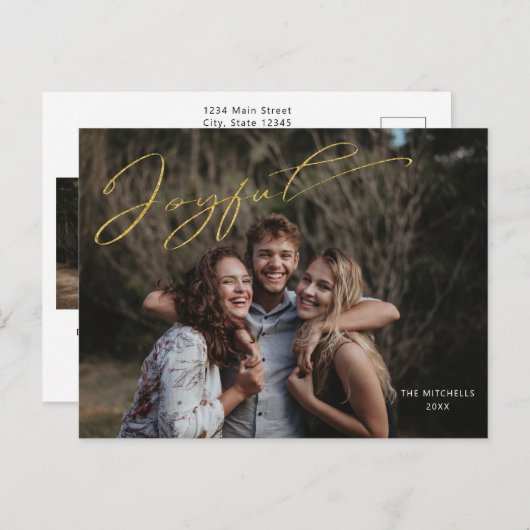 Moderne Gold Joyful Calligraphy Script Photo Briefkaart (Voorkant / Achterkant)