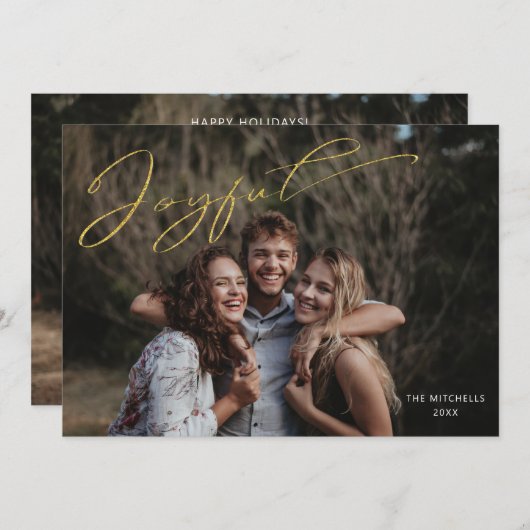 Moderne Gold Joyful Calligraphy Script Photo Feestdagenkaart (Voorkant / Achterkant)