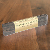 Moderne Gold Label Classy Wood Achtergrond Naambordje (Zijkant)