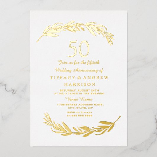 Moderne Gold Leaf Folie 50ste bruiloft Jubileum Folie Uitnodiging (Voorkant)