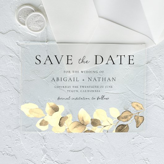 Moderne Gold Leaf Wedding Save The Date Acryl Uitnodigingen