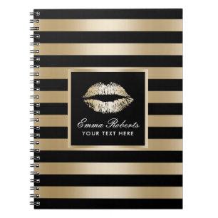 Moderne Gold Lips Luxury Black & Gold Stripes Notitieboek
