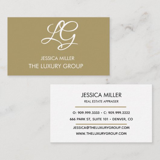 Moderne Gold Luxe Elegant Script Logo Business Contactkaartje (Voorkant / Achterkant)