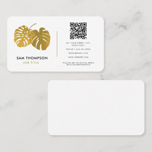 Moderne Gold Monstera Tropische QR-code Sociale me Visitekaartje (Voorkant / Achterkant)